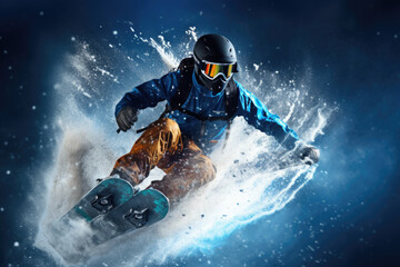 Blue Jacket Skier Enjoying the Snowy Mountain - Generative AI