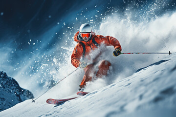 Man Skiing Down Mountain in Orange Snow Gear, Generative AI - obrazy, fototapety, plakaty