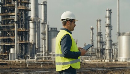 Oil refinery inspection - engineer in uniform with tablet, morning field check