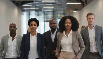 Black and white individuals embodying professionalism and confidence, striking powerful poses as a symbol of a dynamic corporate team’s strength and synergy