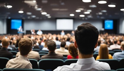 Business symposium speaker on stage with audience sitting in lecture hall viewed from behind
