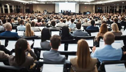Business symposium speaker on stage with audience sitting in lecture hall viewed from behind