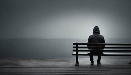 Anxiety solitary man in hoodie sitting on bench from behind against empty dark grey background with copy space - obrazy, fototapety, plakaty