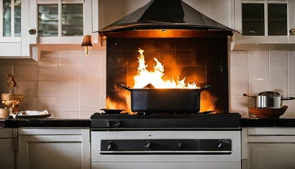 Tuinposter Kitchen fire hazard - residential danger, home safety, emergency © ibreakstock