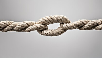 Stress concept - knot and frayed rope on the verge of breaking in the center, isolated on a white background with copy space and negative space