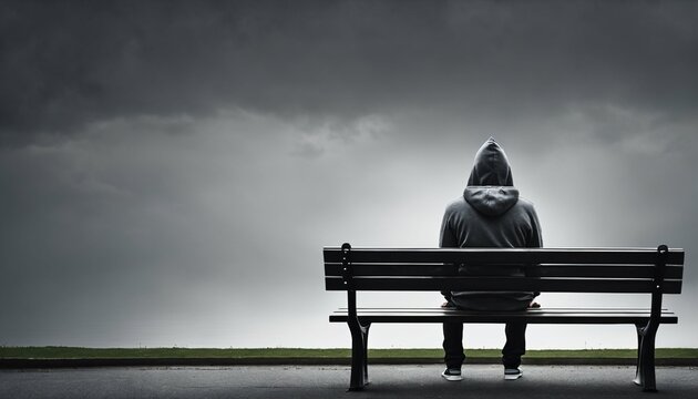 Anxiety Solitary Man In Hoodie Sitting On Bench From Behind Against Empty Dark Grey Background With Copy Space