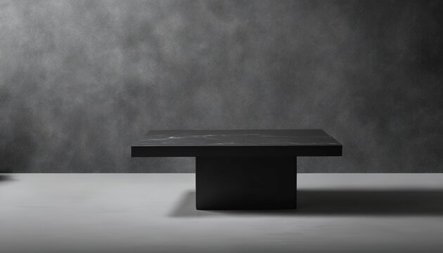 Dark room with smoke featuring an empty black marble table podium and black stone floor