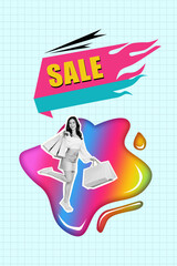 Portrait vertical illustration 3d collage sale advertisement presentation careless lady bring...