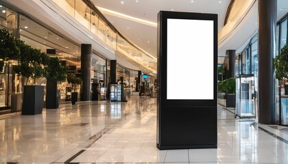 Digital media blank black and white screen modern panel signboard for advertisement design in shopping centre gallery, mockup with blurred background, digital kiosk - obrazy, fototapety, plakaty