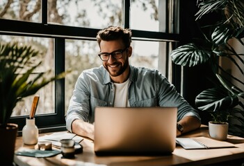 Gen Z young adult happy smile work from home office relax sit easy at cozy desk write note think idea plan self MBA study reskill upskill