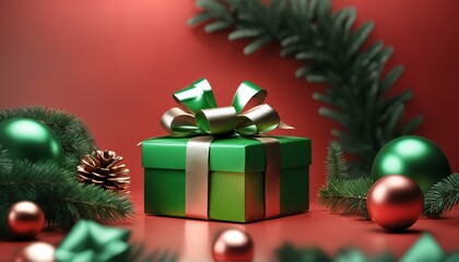 Obraz na płótnie Canvas Green gift box in festive scene - modern background, metallic ornament, Christmas wreath