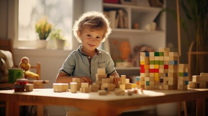 Happy kid playing with building blocks at home. Young boy plays with wooden blocks in bright child's room. Block tower. Educational games. Development of child's attention, concentration, dexterity - obrazy, fototapety, plakaty