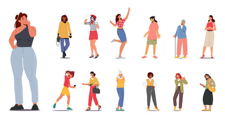 Set of Different Women. Senior and Teen Female Characters, Young Girls and Aged Ladies Wear Fashioned Clothes, Fun
