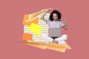 Artwork collage of mini excited girl sit huge paper plane use netbook raise fists dialogue bubble book page text isolated on pink background - obrazy, fototapety, plakaty