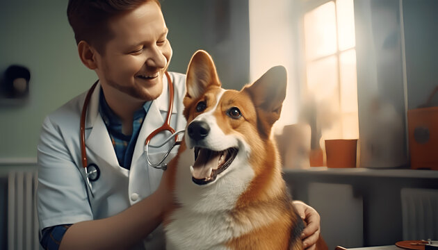 Happy corgi dog at a veterinary vet clinic with a male doctor