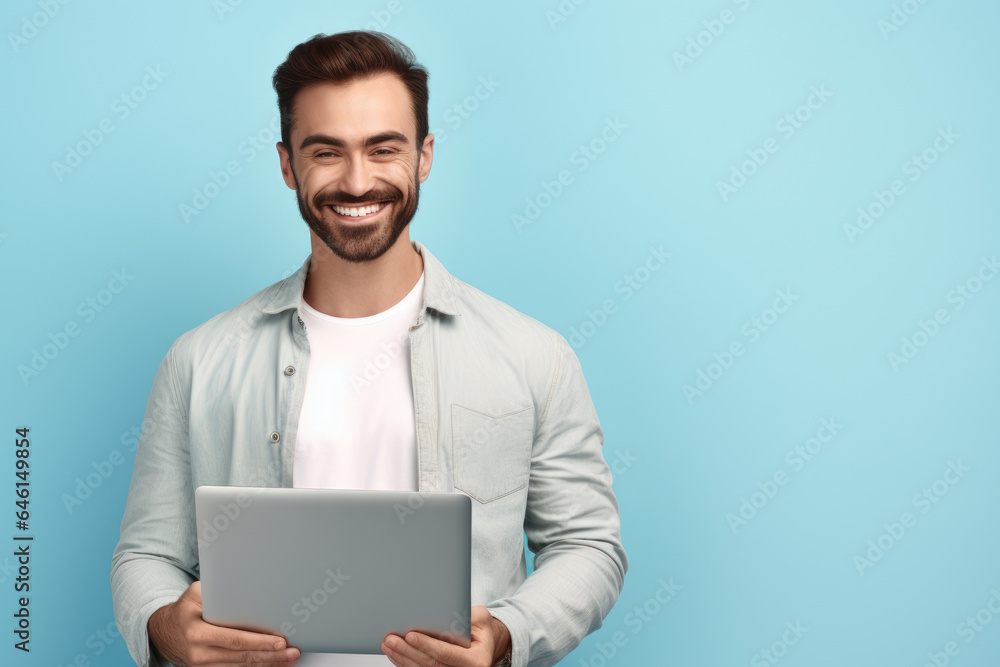 Poster smiling man holding laptop computer. this versatile image can be used to represent technology, remot
