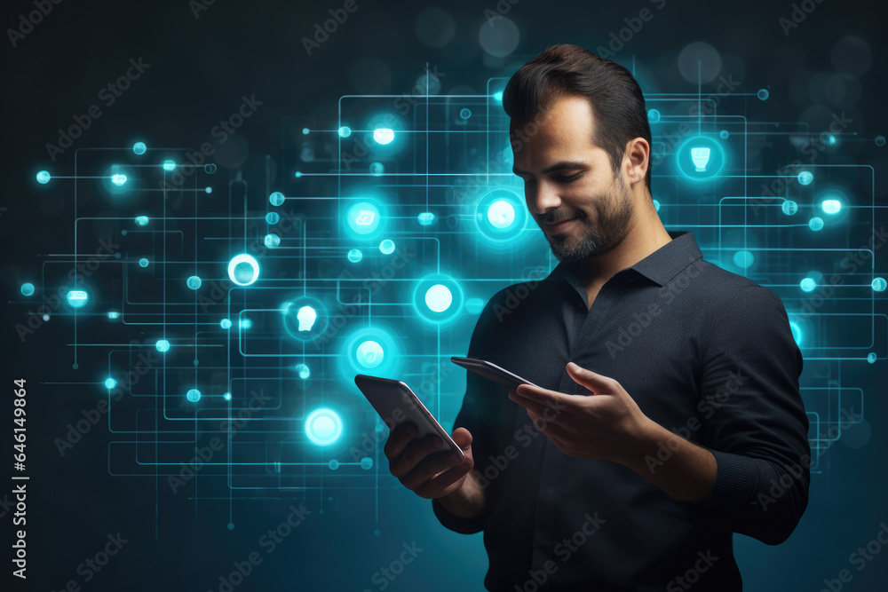 Poster man is focused on his cell phone, checking messages or browsing internet. this image can be used to 