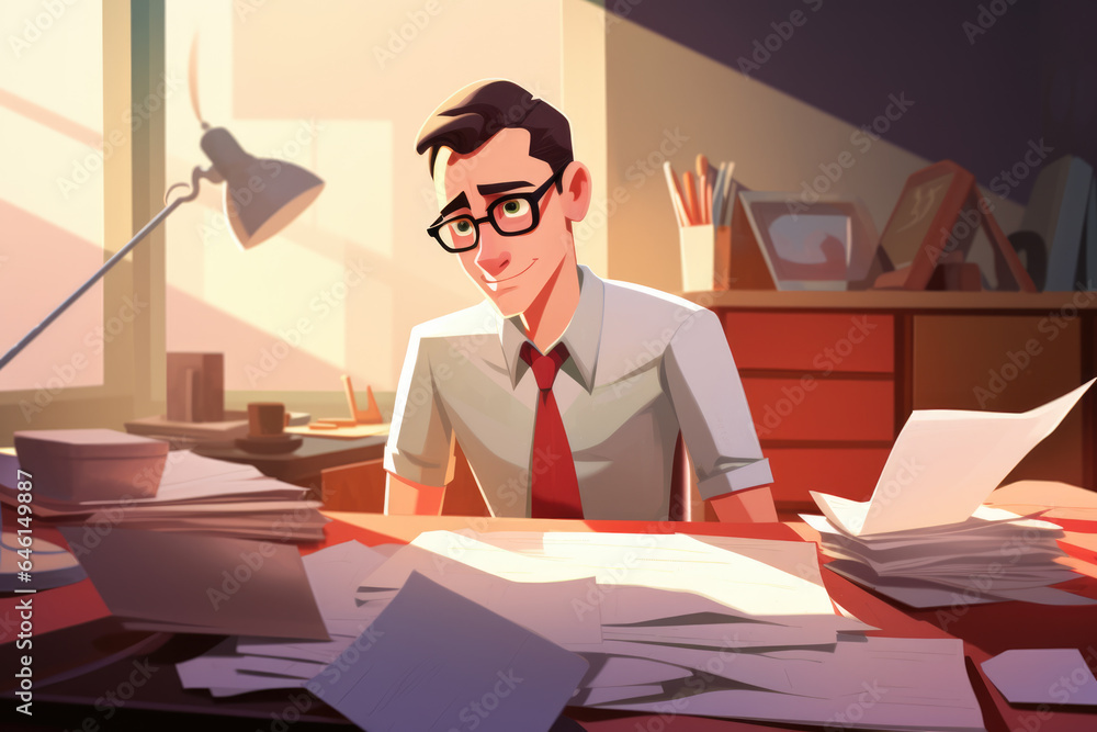 Poster man sitting at desk, surrounded by papers and working on laptop. this image can be used to depict pr