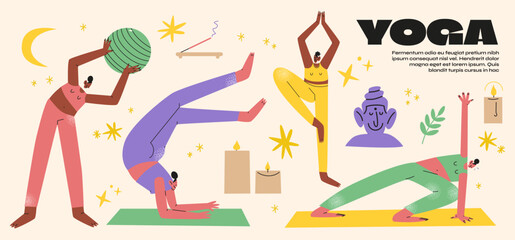Cartoon characters yoga girls. Healthy lifestyle, sports, meditation and practice. Vector collection of vintage activity mascots