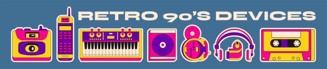 Cartoon retro hipster gadgets devices from the 90s. Synthesizer, record, vinyl, groovy disco 90s, 80s, shadow electronics