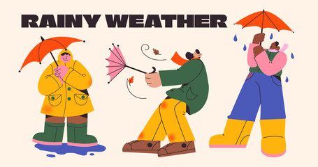 Cartoon characters people in the rain with an umbrella. Rainy autumn weather, mascots in rubber raincoats. Vector set collection