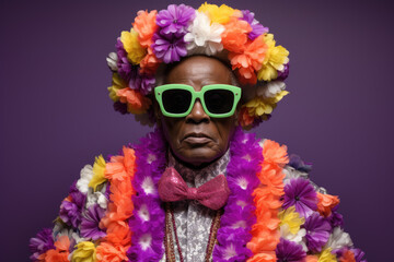 Man wearing vibrant and eye-catching outfit with sunglasses. This picture can be used to depict fashion, style, or bold personality.