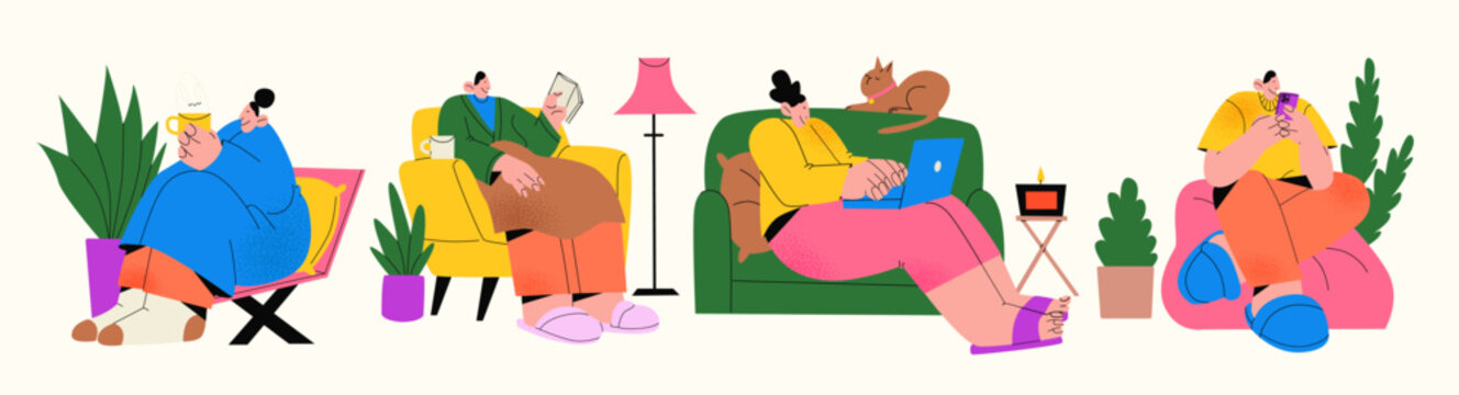 Cartoon retro characters sitting at home on the sofa in the room, household chores, chill relax. Mascots in a cozy homely atmosphere.