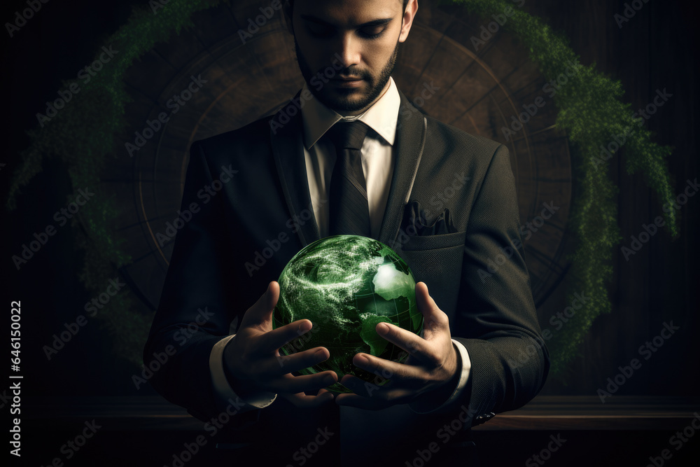 Poster man dressed in suit is holding green ball. this versatile image can be used for various concepts and