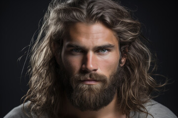 Picture of man with long hair and beard. Suitable for fashion, lifestyle, and grooming themes.