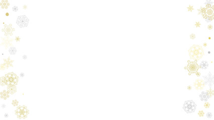 Gold snowflakes frame on black background. New year theme. Horizontal shiny Christmas frame for holiday banner, card, sale, special offer. Falling snow with gold snowflake and glitter for party invite