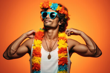 Man wearing vibrant and eye-catching lei around his neck. This picture captures essence of Hawaiian...