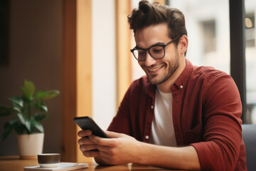 Man is seated at table, engrossed in his cell phone. This image can be used to depict modern technology, communication, or digital addiction.