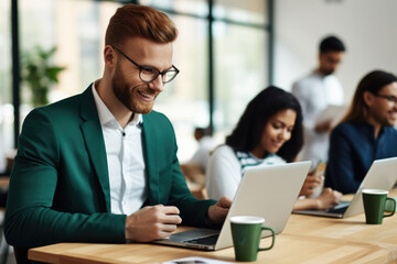 Obraz premium Man is seen sitting at table, focused on his laptop. This image can be used to depict someone working, studying, or using technology.