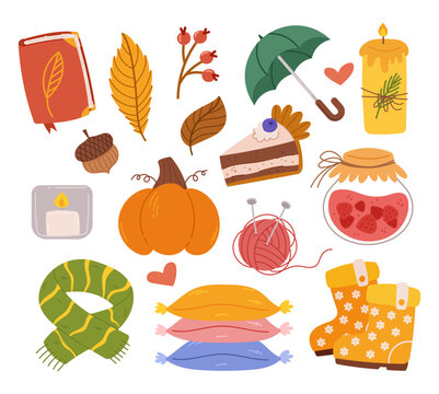Cozy Autumn Set. Cartoon Book, Leaves, Umbrella And Burning Candle, Pumpkin Cake. Scarf, Pillows, And Acorn