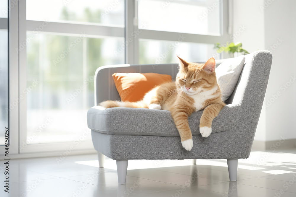 Poster peaceful image of cat laying on chair. perfect for adding touch of tranquility to any space.