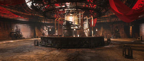 Grungy futuristic fantasy cyberpunk bar. Cinematic 3D rendering.