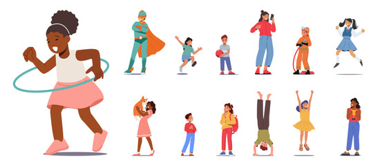 Set of Children. Girls or Boys Characters Spin Hula Hoop, Wear Firefighter or School Uniform, Super Hero Costume