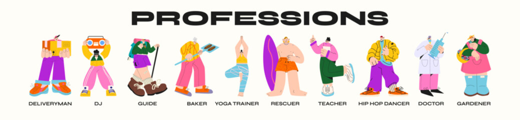 Cartoon characters of various professions, various fields of activity. International labor day, people go to work vector illustration set