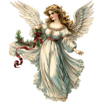 Vintage  Victorian Ephemera Christmas Angel with Wings, Isolated Clipart Illustration