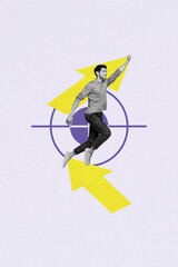 Vertical composition collage of young funny businessman jump fist up fly reach his target next...