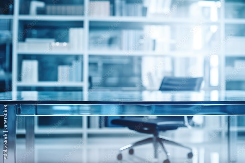 Poster picture of glass table with chair placed in front of it. this image can be used to showcase modern f