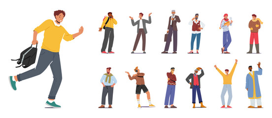 Set of Different Men. Old and Young Male Characters wear Hipster and Trendy Clothes, French Man with Baguette and Wine