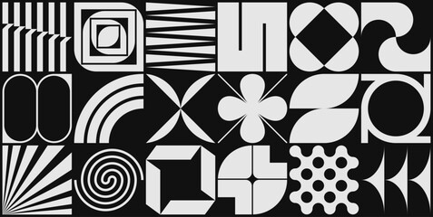 Abstract monochrome geometric pattern with modern shapes and elements.