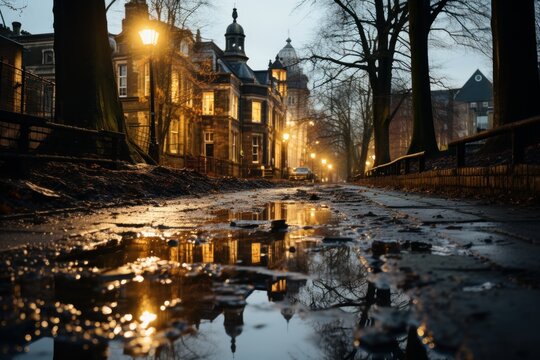 scene of winters wet streets on a cold day