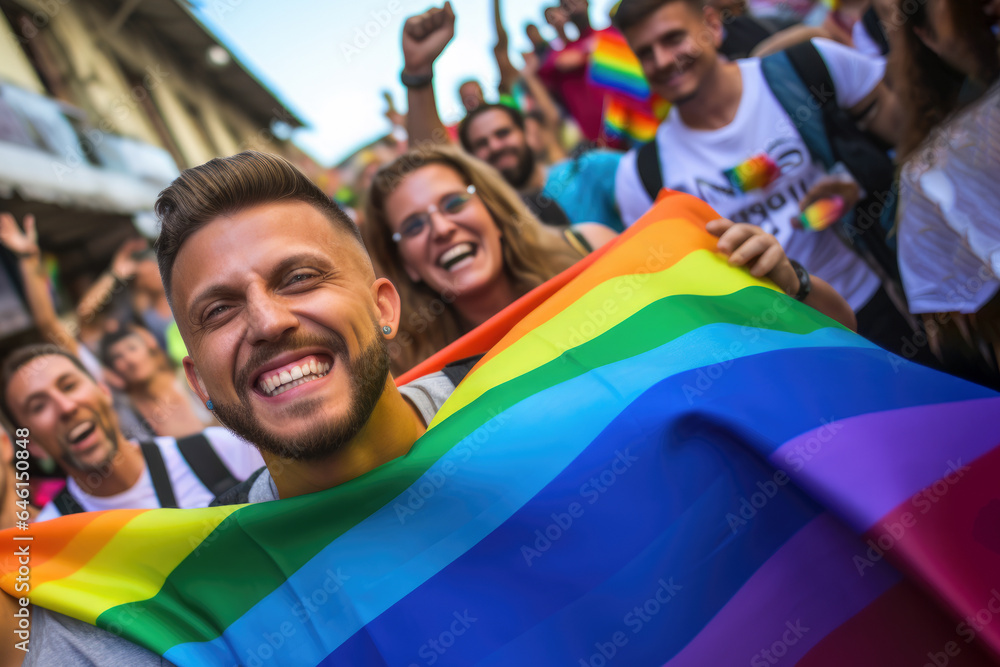 Poster man confidently holds rainbow flag in front of diverse crowd. spirit of unity and support for lgbtq 