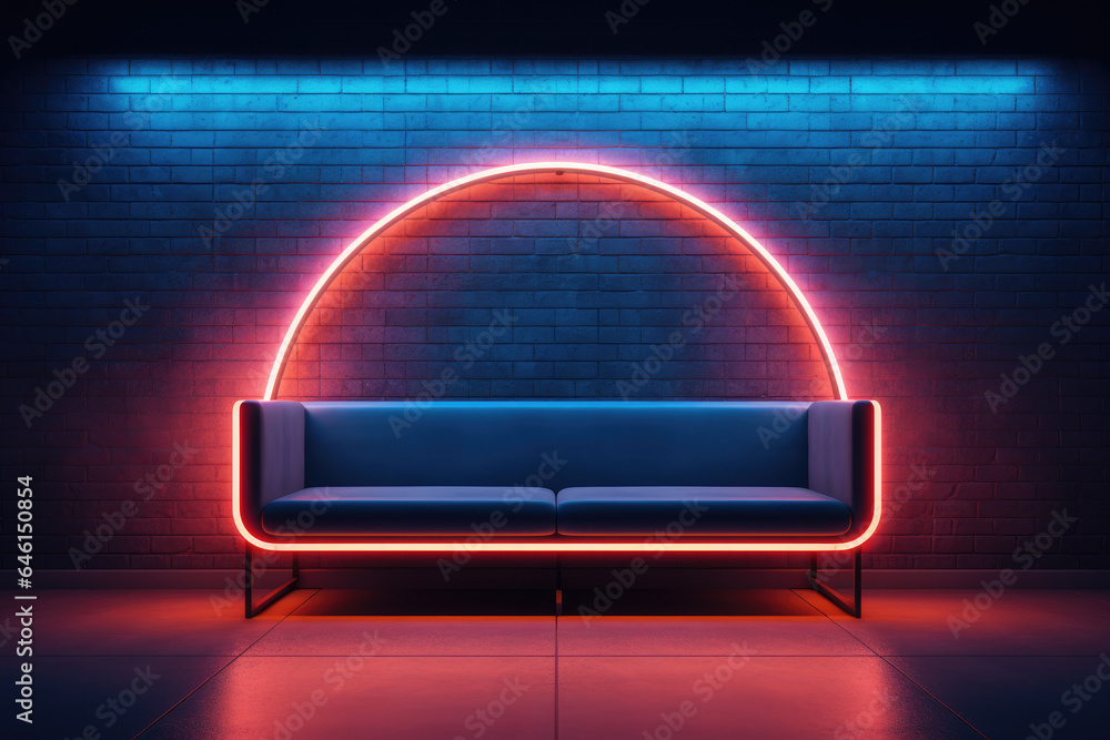 Poster picture of couch in room illuminated by neon lights. perfect for adding modern and vibrant touch to 