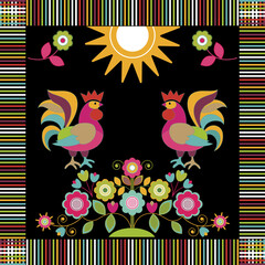 Square design with stylized roosters and flowers. Two roosters sit on flowering branches, symmetrical ornament. Black background, stylized flowers. Vector design for pillow, scarf, print