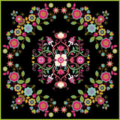 Square floral design. Stylized flowers on a black background. Floral symmetrical pattern, folklore