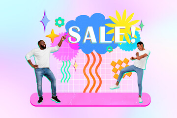 Composite collage art of two fantastic friends have fun enjoy shopping sale advertisement promoters isolated over plaid colorful background