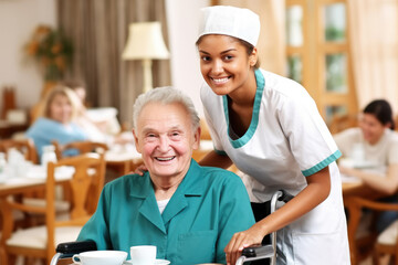 Nurse providing support and assistance to elderly woman in wheelchair. This image can be used to depict caregiving, healthcare, and support for elderly.